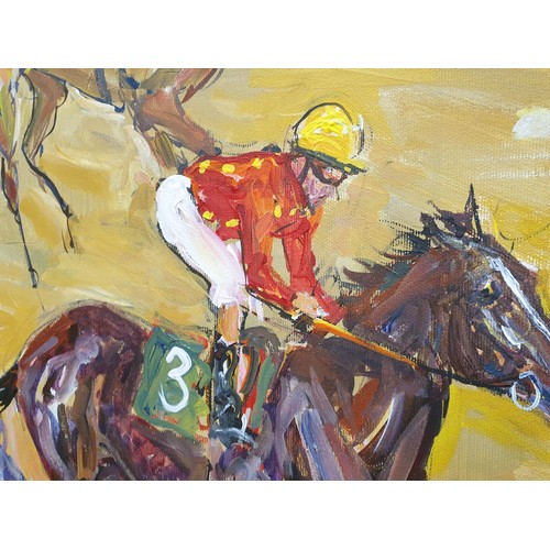 726 - Large Jaqueline Jones Oil on Canvas Layton Races 150cm wide x 125cm high