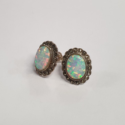 694 - Pair of Silver Opal and Marcasite Earrings