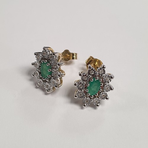 696 - Pair of Gold Diamond and Emerald Cluster Earrings