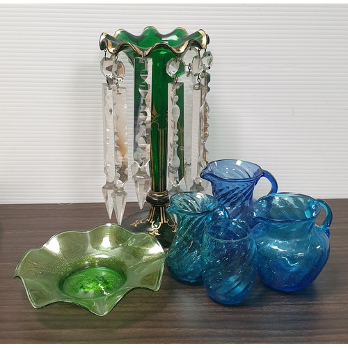 633 - Green Bohemian glass lustre vase 26cm and assorted Lot of Coloured Glass