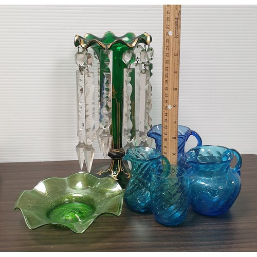 633 - Green Bohemian glass lustre vase 26cm and assorted Lot of Coloured Glass