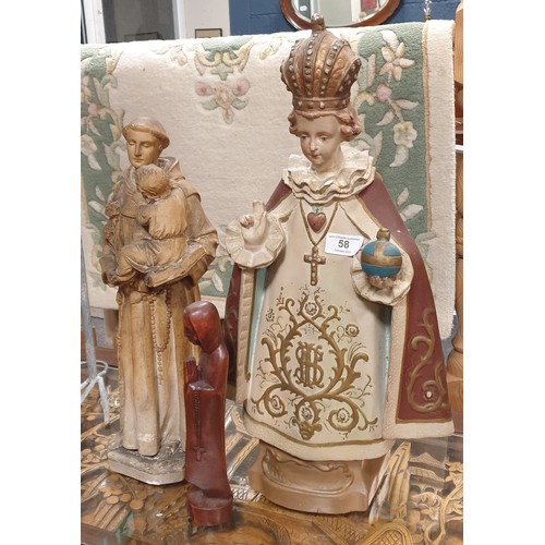 58 - Lot of 3x Religious Statues (Child of Prague Statue 55cm high x 32cm wide)