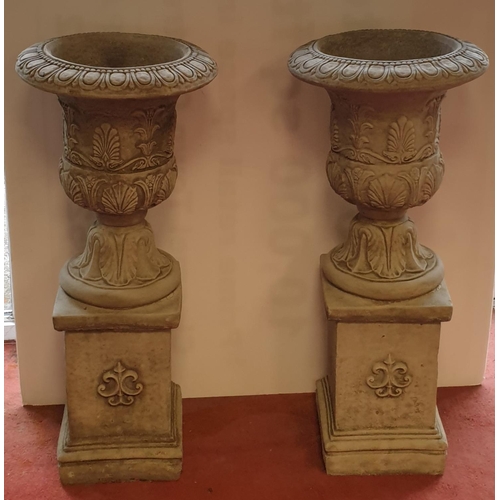 861 - Pair of Concrete Urns on Pedestals, H:96 x D:41cm