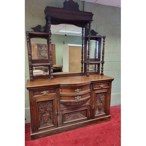 844 - Large Edwardian Oak Sideboard with Mirror Back, H:245 x W:170 x D:60cm