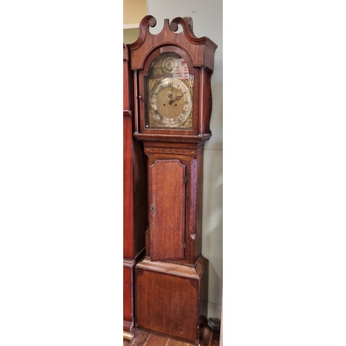 879 - Brass Face, Oak and Inlaid Case Grandfather Clock, weights and pendulum