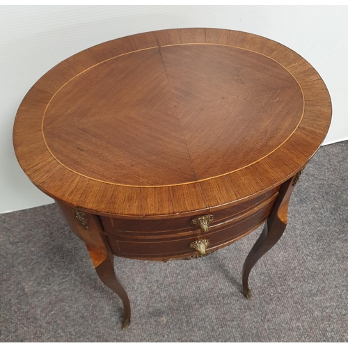 943 - Pair of Oval Inlaid Walnut Two Drawer Side Tables with Brass Mounts, H:61 x W:41 x D:30cm