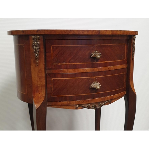 943 - Pair of Oval Inlaid Walnut Two Drawer Side Tables with Brass Mounts, H:61 x W:41 x D:30cm