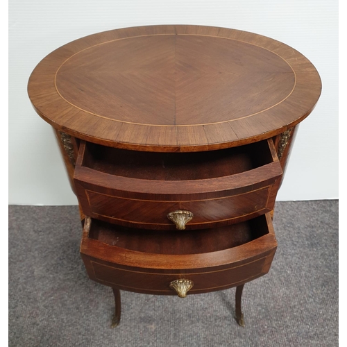 943 - Pair of Oval Inlaid Walnut Two Drawer Side Tables with Brass Mounts, H:61 x W:41 x D:30cm