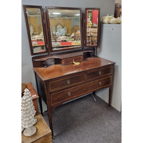 769 - Edwardian Inlaid Mahogany Dressing Table with Bevelled Triple Mirror, H:153 x W:107 x D:49cm