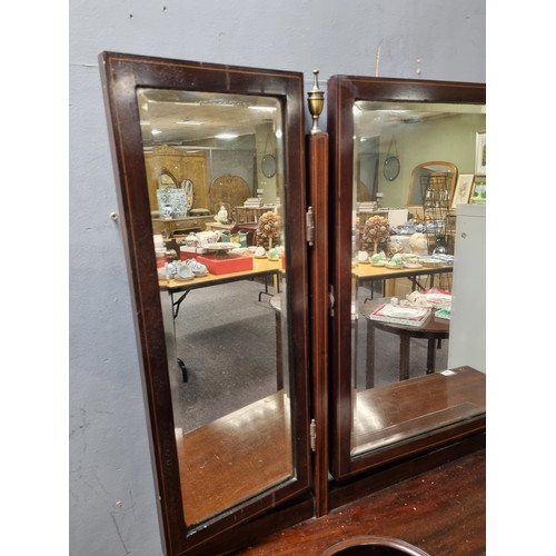 769 - Edwardian Inlaid Mahogany Dressing Table with Bevelled Triple Mirror, H:153 x W:107 x D:49cm