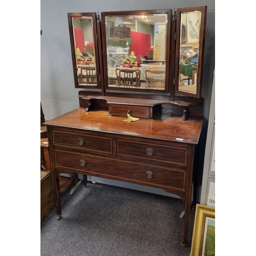 769 - Edwardian Inlaid Mahogany Dressing Table with Bevelled Triple Mirror, H:153 x W:107 x D:49cm