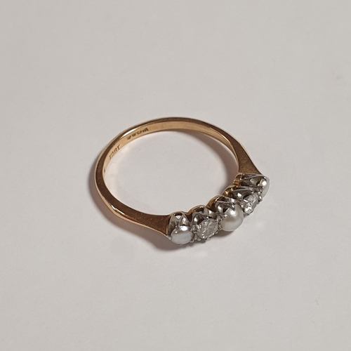 322 - 18ct Gold, Diamond and Pearl Ring, Size Q