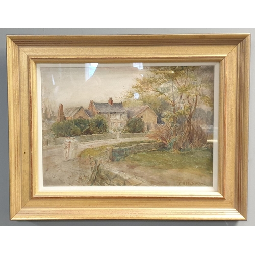 4 - Gilt Framed Watercolour Country Lane Scene Signed JTS Leadman, H:36 x W:47cm