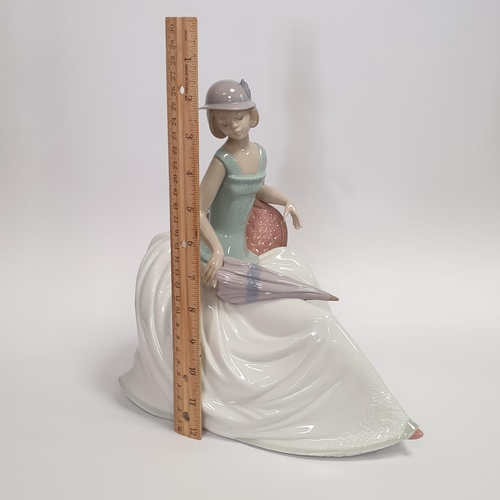 8 - Large Nao Porcelain Figure, Lady Seated with Umbrella H:26 x W:27 x D:18cm