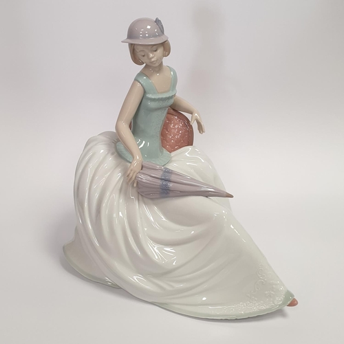 8 - Large Nao Porcelain Figure, Lady Seated with Umbrella H:26 x W:27 x D:18cm