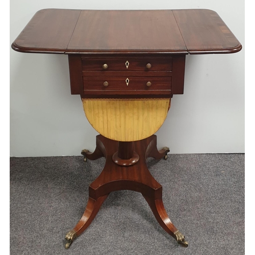 21 - Victorian Mahogany Cross Banded Workbox with Drop Leaves on Pod Leg with Brass Lion Paw and Castors