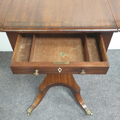 21 - Victorian Mahogany Cross Banded Workbox with Drop Leaves on Pod Leg with Brass Lion Paw and Castors