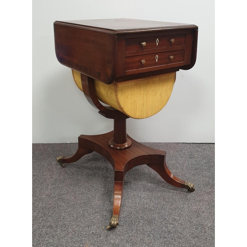 21 - Victorian Mahogany Cross Banded Workbox with Drop Leaves on Pod Leg with Brass Lion Paw and Castors