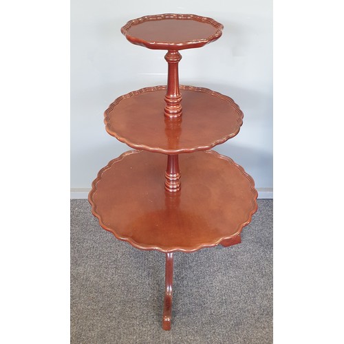 19 - Large Mahogany Three Tiered Circular Cake Stand with scalloped edge