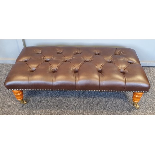 20 - Large Brown Leather Chesterfield Stool, 27cm high x 90cm wide x 45cm deep