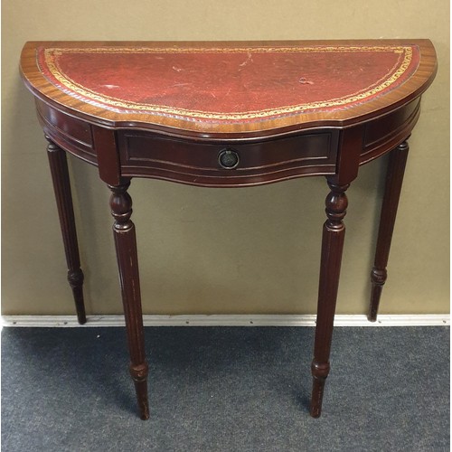 35 - Mahogany Demi Lune Leather Top Hall Table with Drawer, H:76 x W:83 x D:42cm