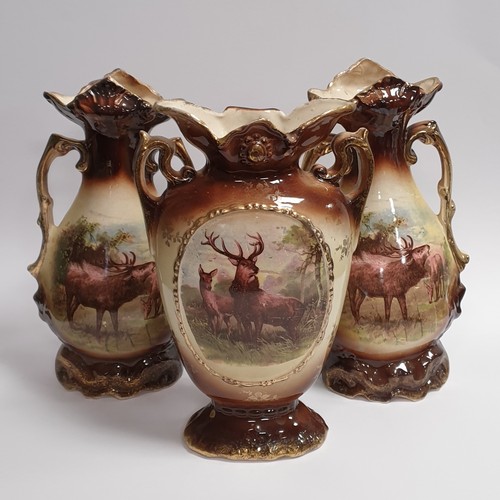 38 - Set of Three Victorian Vases with Stag Scene