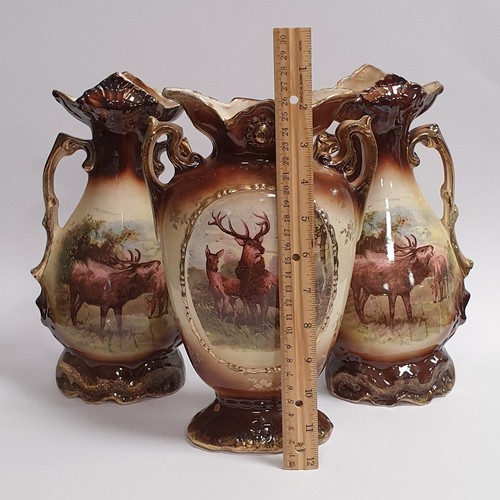 38 - Set of Three Victorian Vases with Stag Scene