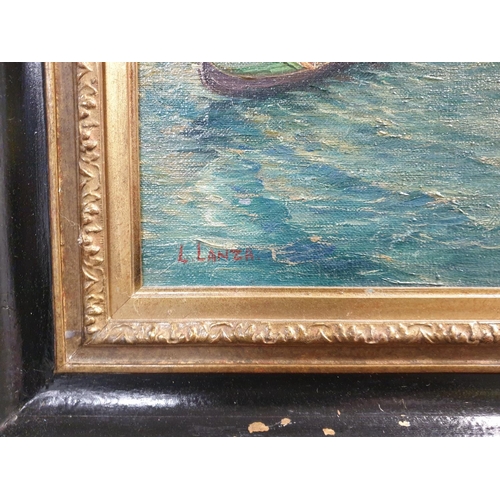 83 - Framed Oil on Board - Venetian Scene. Signed L Lanza. H:65 x W:92cm