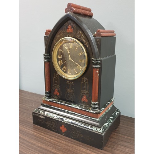 70 - Marble and Slate Mantel Clock with Pendulum and Key, H:46 x W:31 x D:19cm