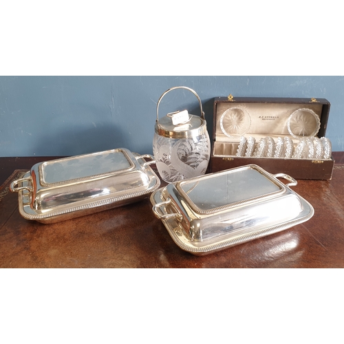 100 - Two Silver Plated Entrée Dishes and Biscuit Barrell and Set of Cut Glass Small Dishes