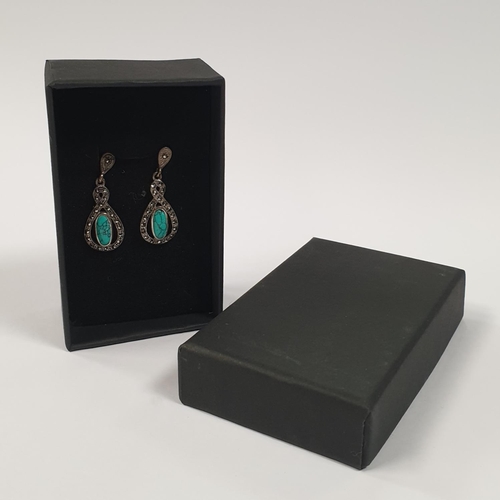 324 - Silver Marcasite and Turquoise Drop Earrings, 925