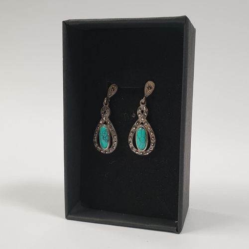 324 - Silver Marcasite and Turquoise Drop Earrings, 925