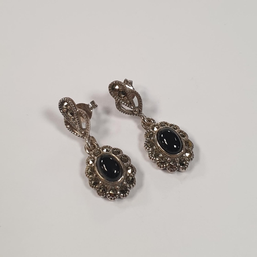 329 - Silver Marcasite and Onyx Earrings, 925