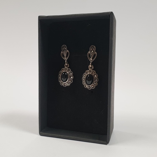 329 - Silver Marcasite and Onyx Earrings, 925