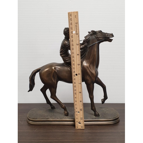 109 - Bronze Style Horse and Jockey Ornament, H:28 x W:29cm