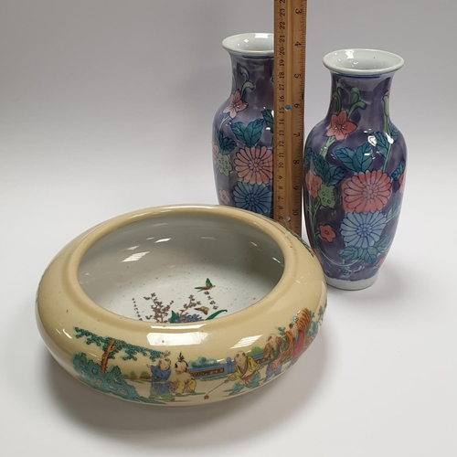 123 - Oriental Bowl (Diameter 22cm) and Pair of Purple Tone Vases (Height 20cm)