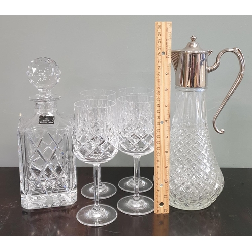 143 - Royal Doulton Decanter, Crystal & Silver Plate Claret Jug and 4x Cut Glass Crystal Wine Glasses