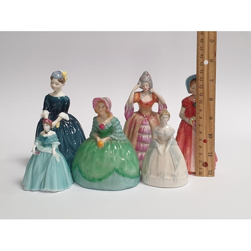 146 - 6x Porcelain Small Figurines to include Royal Doulton, Coalport, Cauldon and Wade, tallest approx. 1... 