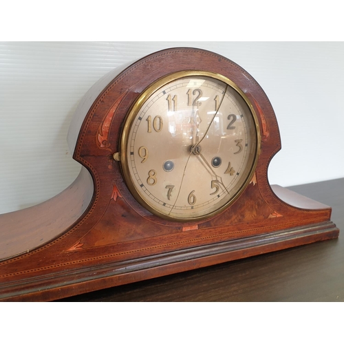 178 - Inlaid Mahogany Mantle Clock with Pendulum and Key, (Glass Damaged on Face) H:24 x W:46 x D:13cm