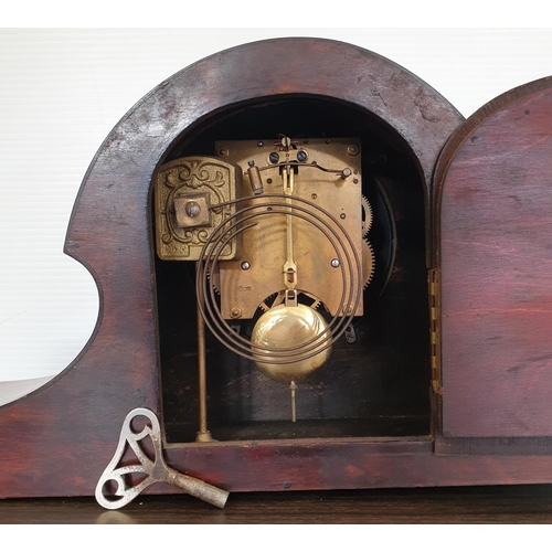 178 - Inlaid Mahogany Mantle Clock with Pendulum and Key, (Glass Damaged on Face) H:24 x W:46 x D:13cm