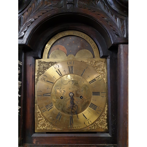 182 - Carved Oak Cased Grandfather Clock with Moon Dial and Brass Face (Jos Dean. Birkenshaw) complete wit... 