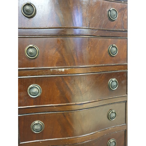 105 - Six Drawer Mahogany Bow Front Tallboy, H:97 x W:50 x D:39cm