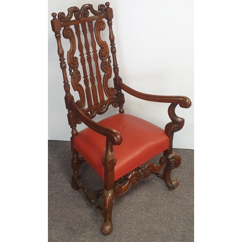 213 - Ornate Carved Open Armchair with Leather Seat, Height 122cm