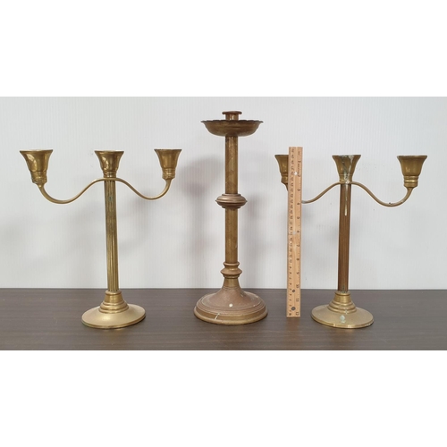 217 - Brass Single Candle Holder (Height 37cm) and Pair of Brass Three Branch Candelabra