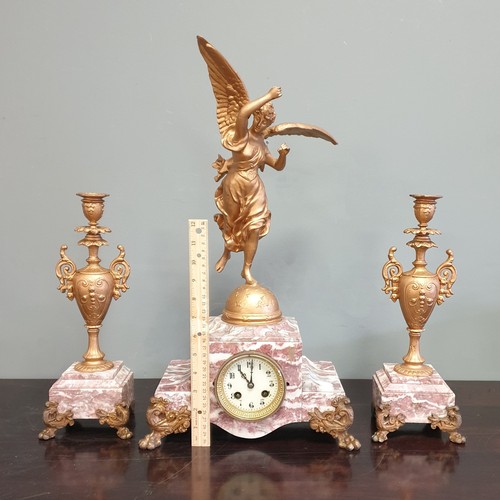 229 - Vintage French  Garniture Clock Set on Marble Base, Clock Height 55cm, Candlestick Height 34cm