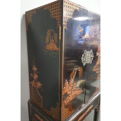 227 - Oriental Two Door Lacquered Cabinet on Open Based (Fixed Piece), H:146 x W:60 x D:38cm