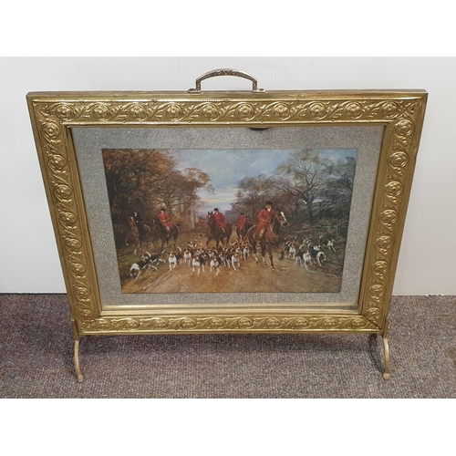 264 - Brass Framed Mirrored Fire Screen with Hunting Scene, H:58 x W:58cm