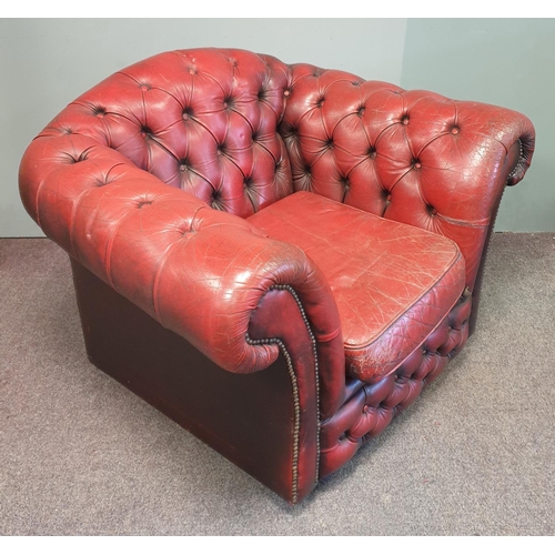 270 - Red Leather Chesterfield Button Back Armchair, H:80 x W:110 x D:80cm