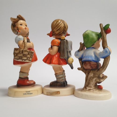 298 - Lot of 3x Hummel Figurines - Little Shopper, School Girl and Apple Tree Boy.  Tallest 12cm