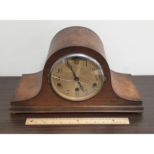 364 - Oak Dome Top Mantel Clock with Pendulum and Key. H:23 x W:42 x D:18cm Bravington's Ltd.  - Glass Fac... 